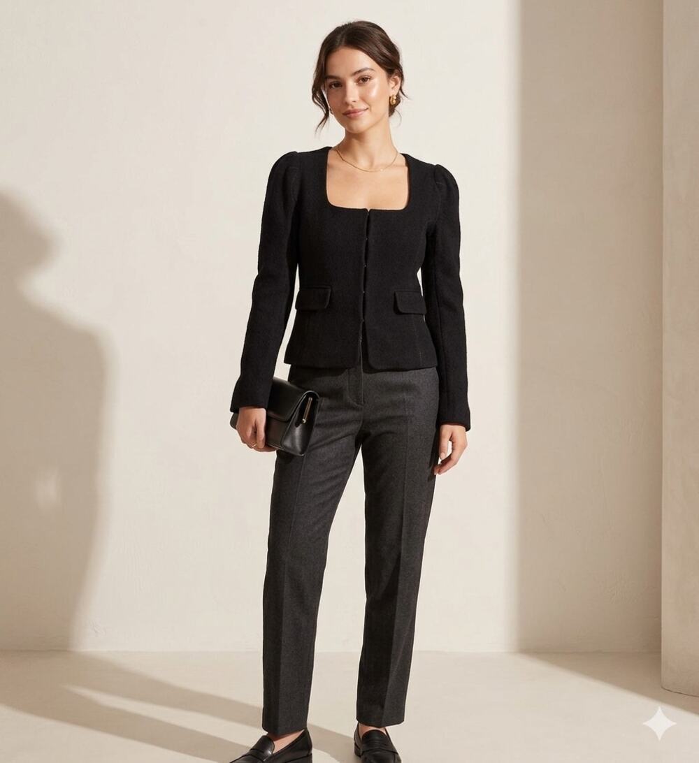 Leon Max Limited Edition Black Wool Blend Silk Lined Square Neck Blazer 6